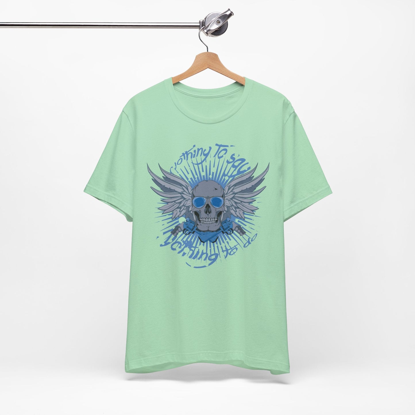 Winged Skull Graphic Tee | Blue Skull with Wings, Radiant Burst