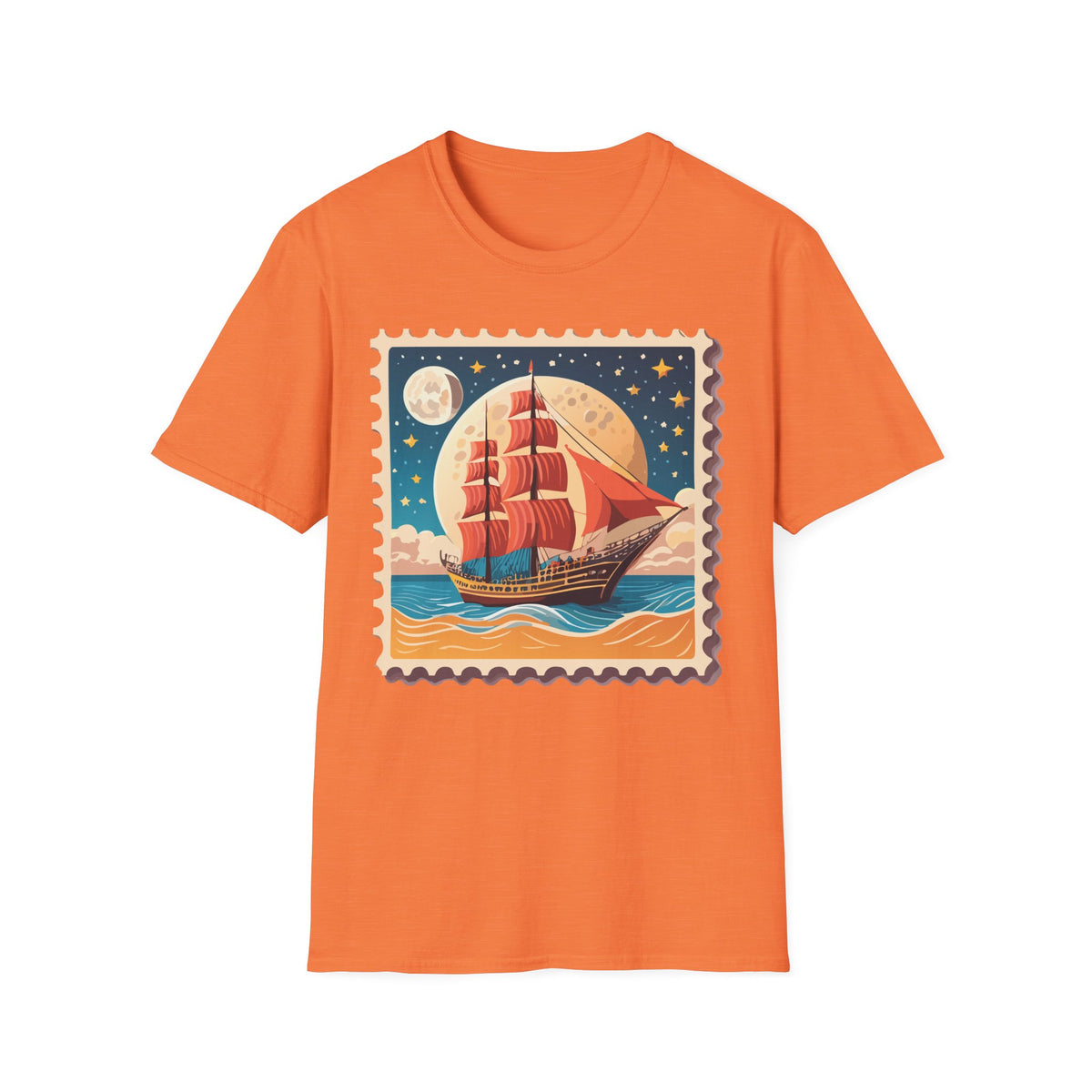 Vintage Sailing Ship Stamp T-Shirt | Retro Moonlit Ocean Illustration