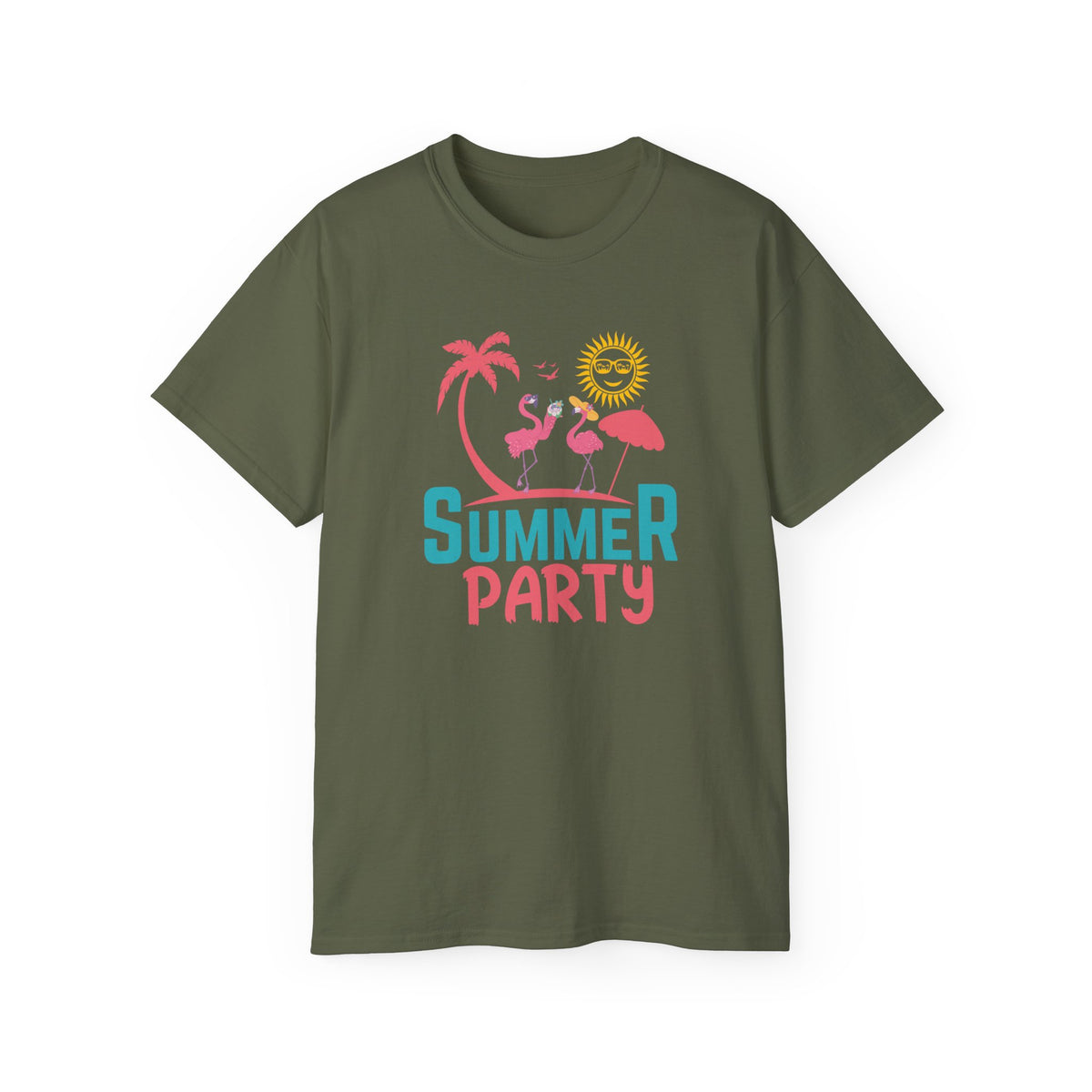 Summer Party Flamingo Tee | Tropical Palms Sun Retro Graphic