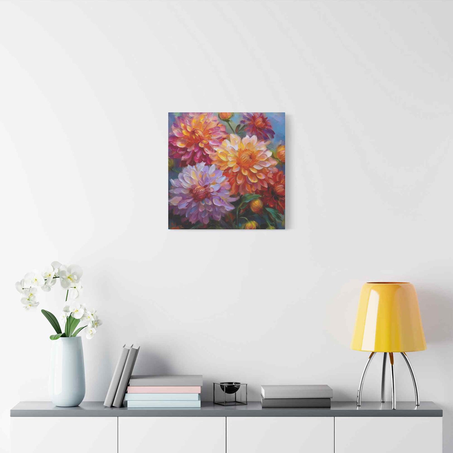Dahlias Floral Print Canvas, Floral Oil Paint Print 20x20, 24x24, 30x30, 32x32, 36x36 Art Design Pine-Wood Inner Frame MC-165