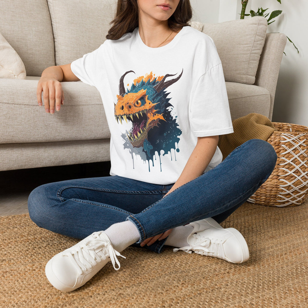 Dragon Head Graphic T-Shirt — Fiery Monster Art Cartoon Graphic Tee Unisex 100 Cotton Gildan T-Shirt