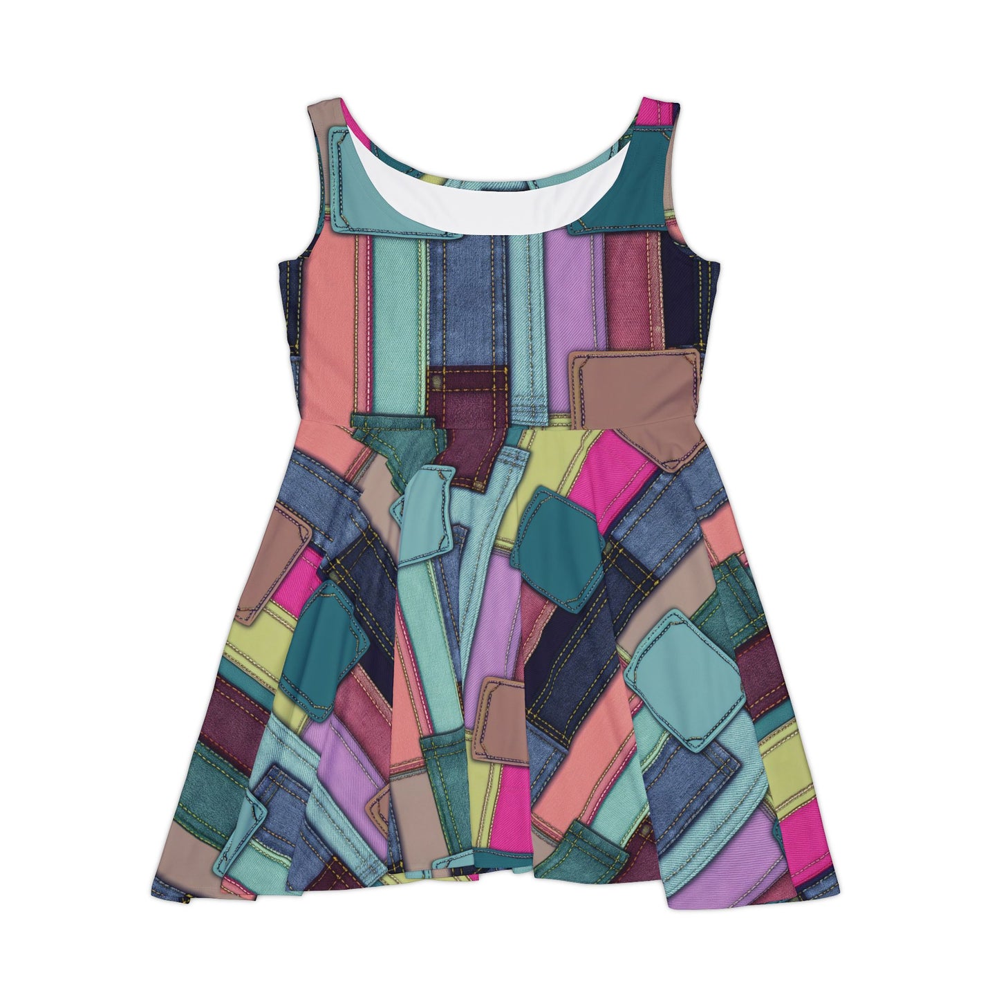 Women Denim Print Skater Dress, Denim Print Poly-Span Dress - 14