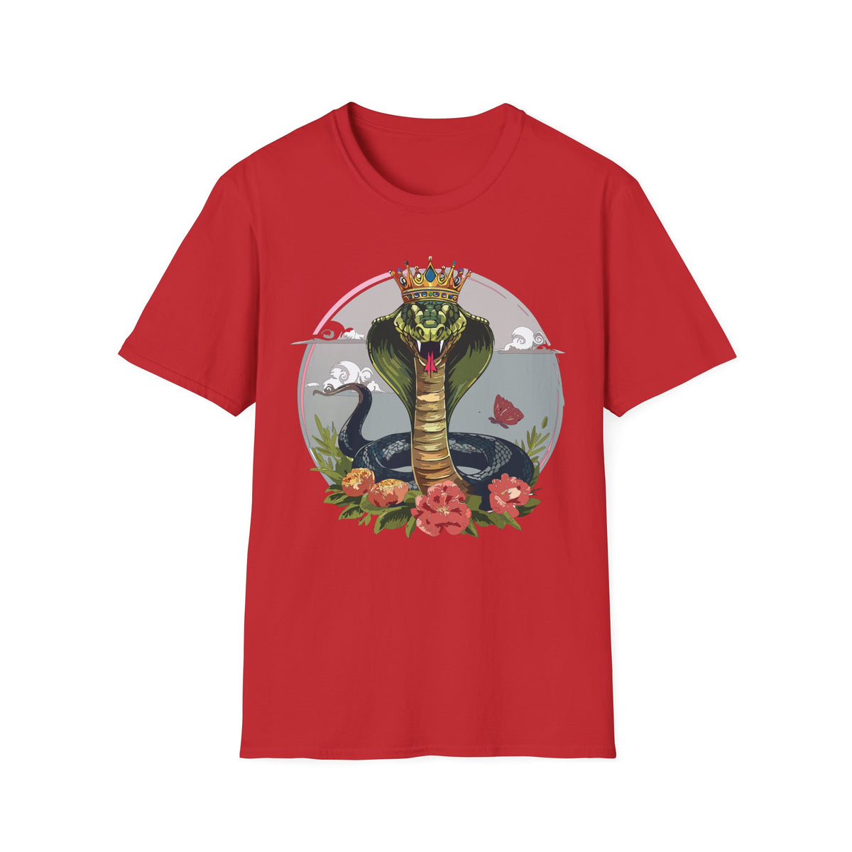 Crowned King Cobra T-Shirt | Snake Illustration, Floral Accent