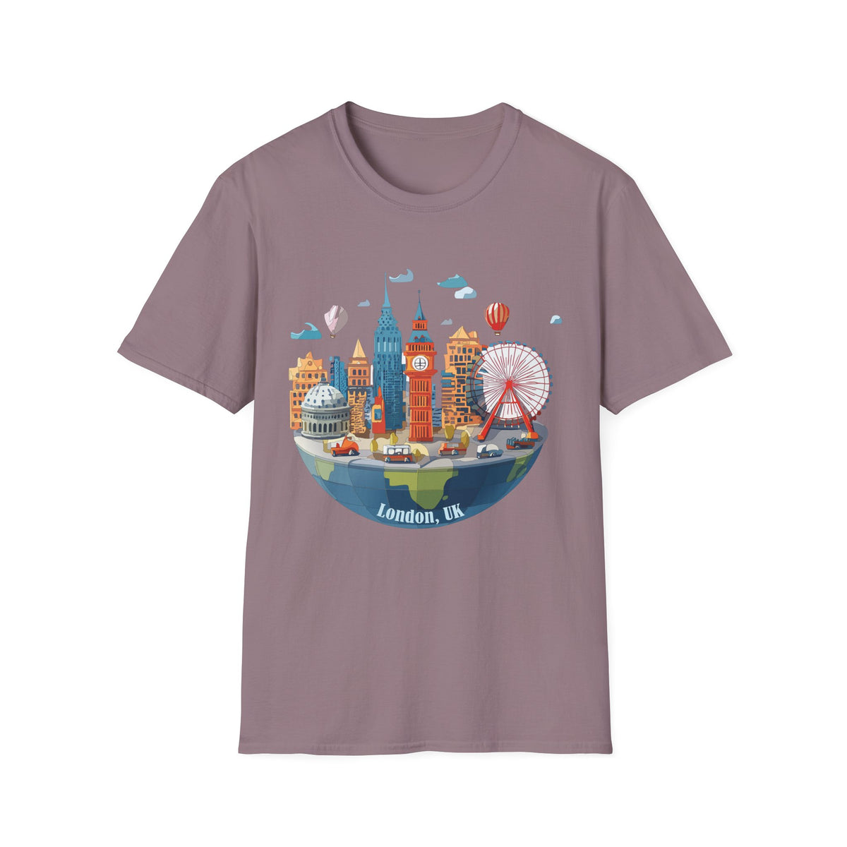 London Skyline Illustration T-Shirt | Big Ben, London Eye, Hot Air Balloons