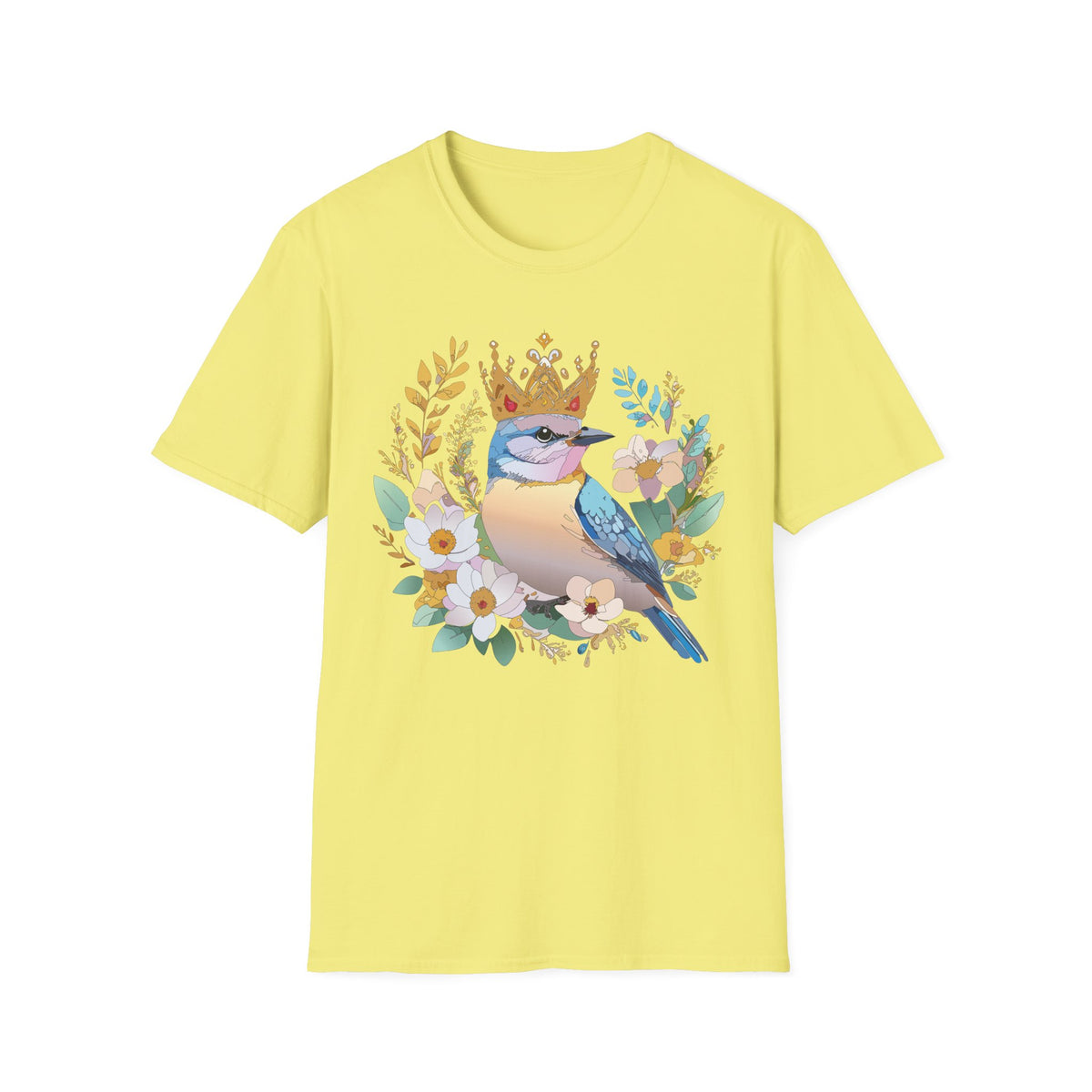 Crowned Bluebird Illustration T-Shirt | Floral Bird Crown Design