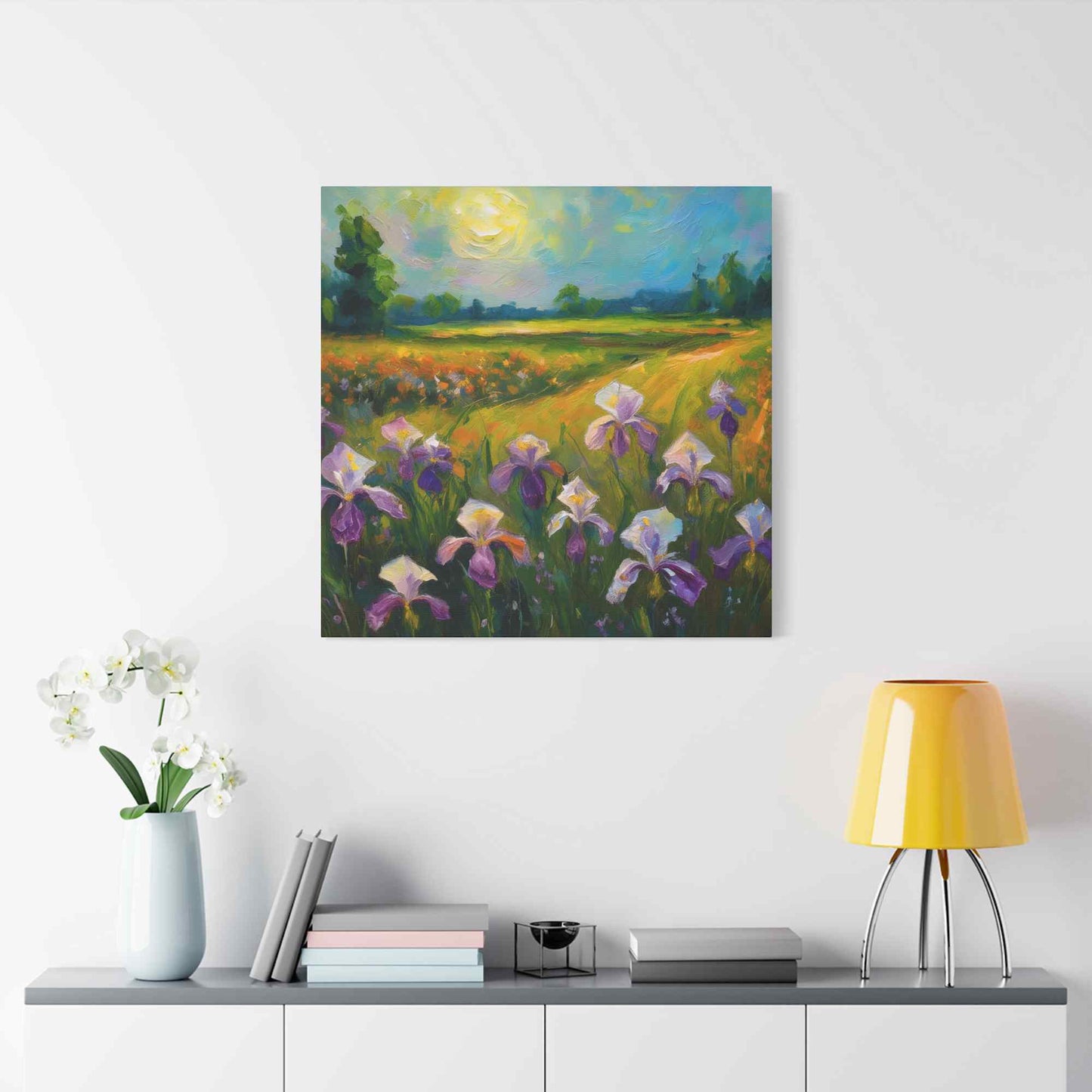 Irises Floral Print Canvas, Floral Oil Paint Print 20x20, 24x24, 30x30, 32x32, 36x36 Art Design Pine-Wood Inner Frame MC-180