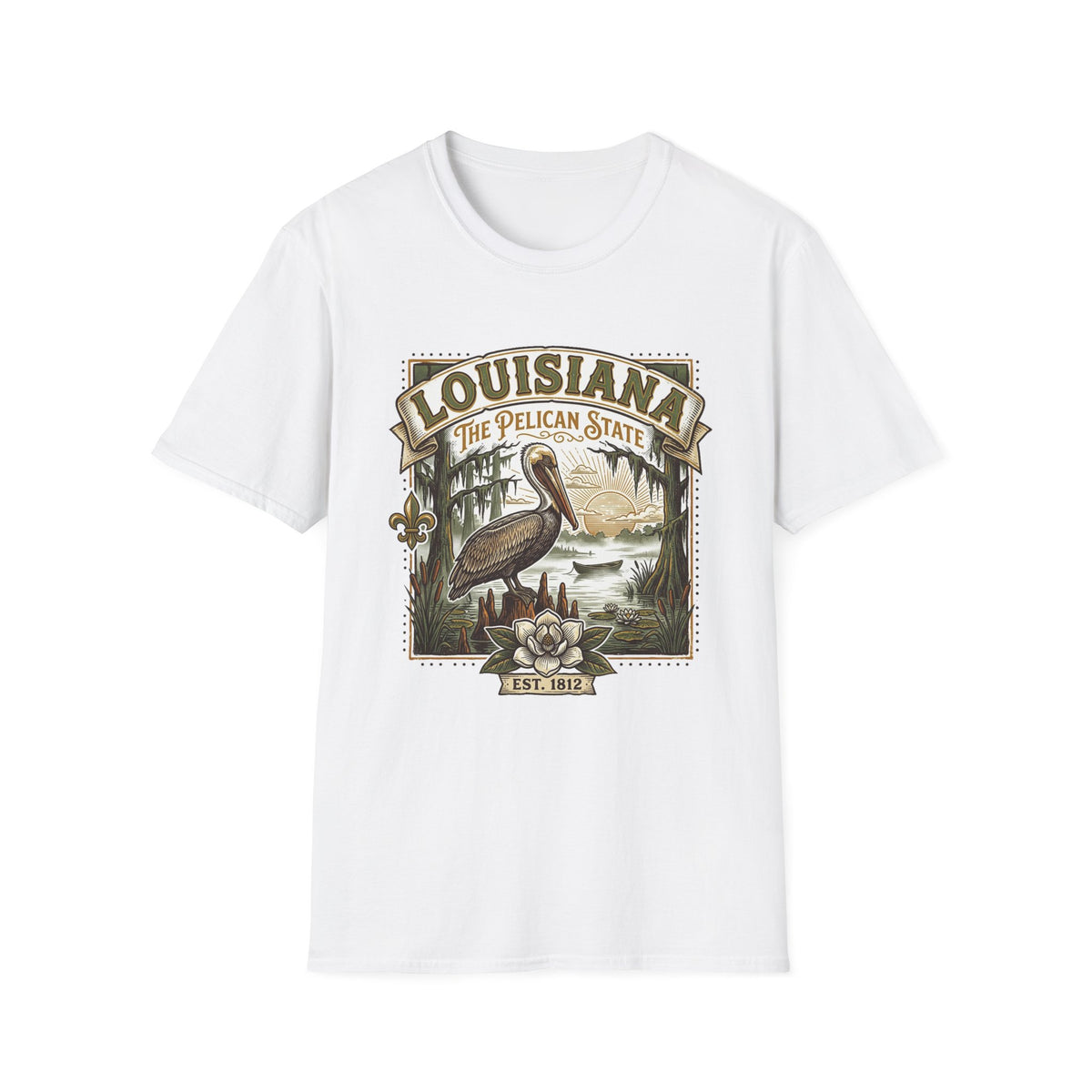 Louisiana Pelican State T-Shirt – Vintage Travel Tourist Graphic Design Unisex 100 Cotton Gildan T-Shirt