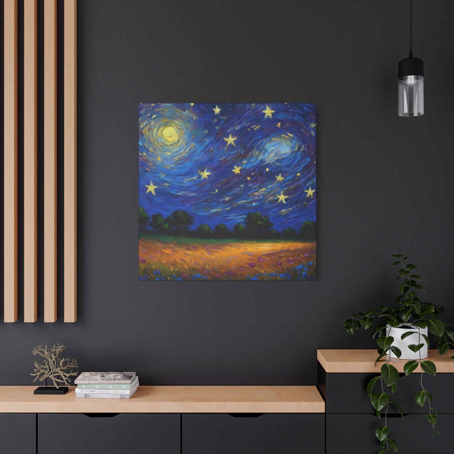 Starry Night Print Canvas, Oil Paint Print 20x20, 24x24, 30x30, 32x32, 36x36 Art Design Print Pine-Wood Inner Frame MC-39