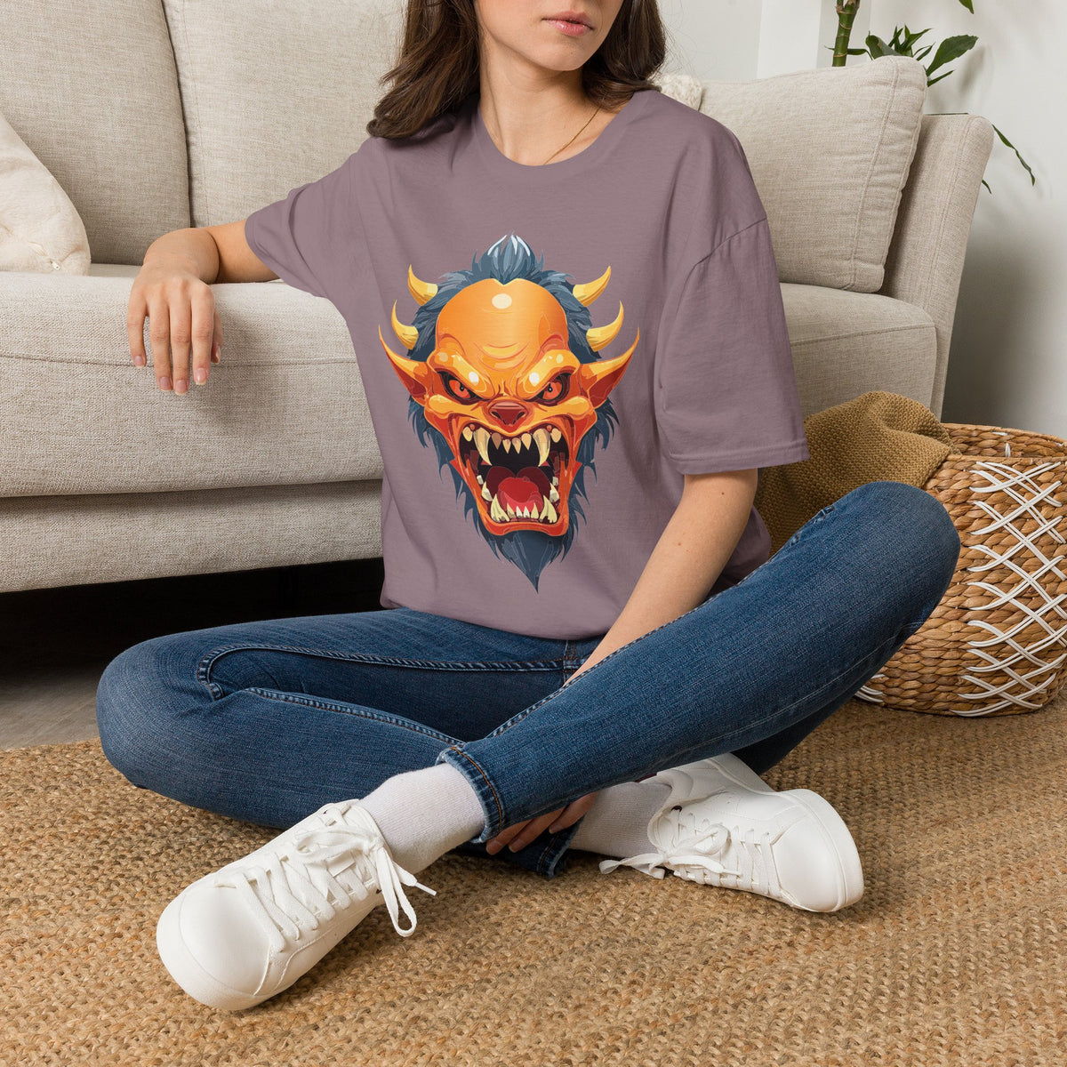 Demonic Oni Mask T-Shirt — Fierce Japanese Demon Face Cartoon Graphic Tee Unisex 100 Cotton Gildan T-Shirt