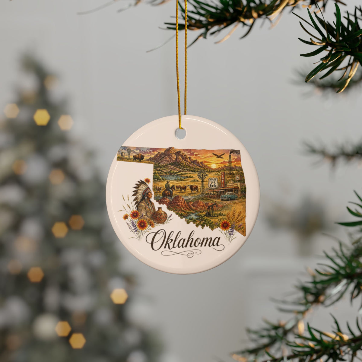 Oklahoma Vintage State Scene Ceramic Ornament | 2-Sided Round Ornament - 2.99" Includes Gold String