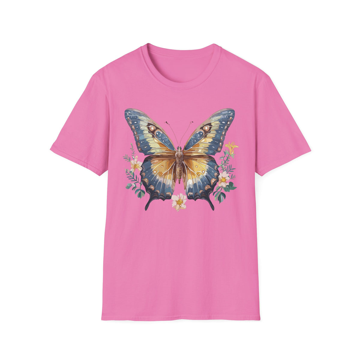 Golden Blue Butterfly T-Shirt | Botanical Accent Graphic Tee Unisex 100 Cotton Gildan T-Shirt