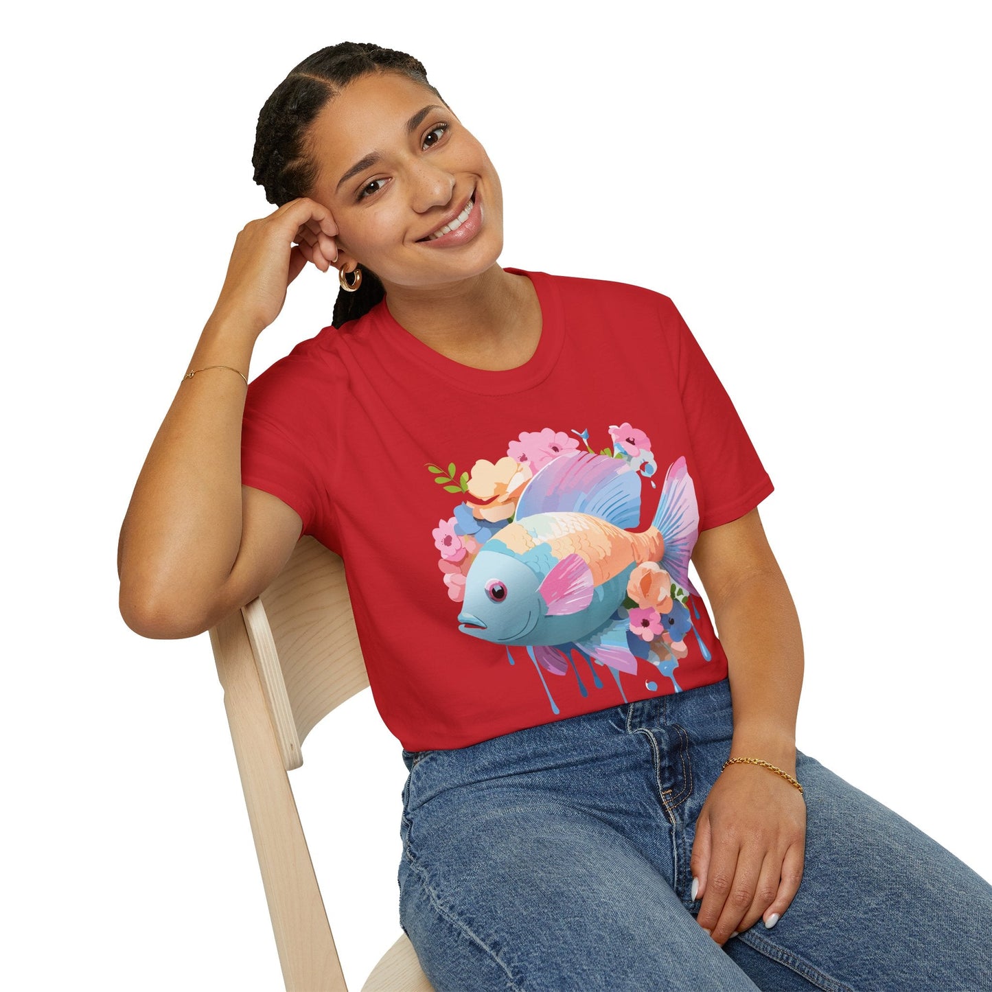 Fish Art Design Graphic Tee Unisex Short Sleeve T Shirt With Fish Artwork Premium Cotton
