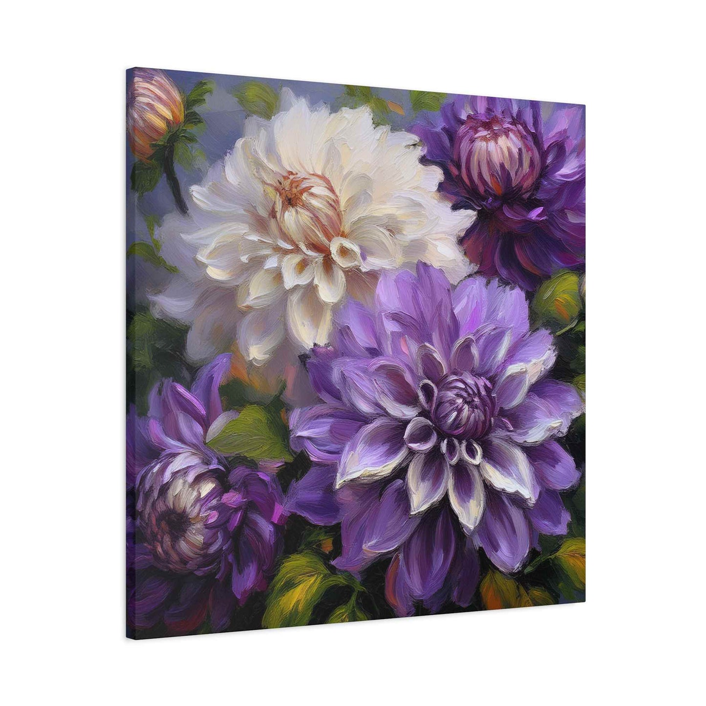 Dahlias Floral Print Canvas, Floral Oil Paint Print 20x20, 24x24, 30x30, 32x32, 36x36 Art Design Pine-Wood Inner Frame MC-172