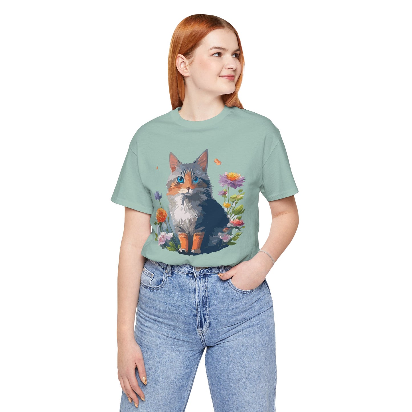 Floral Cat Tee, Animal Shirt, Cat Shirt, Floral Tee, Flower T-shirt, T-Shirt with Animal, Summer Top with Art Design