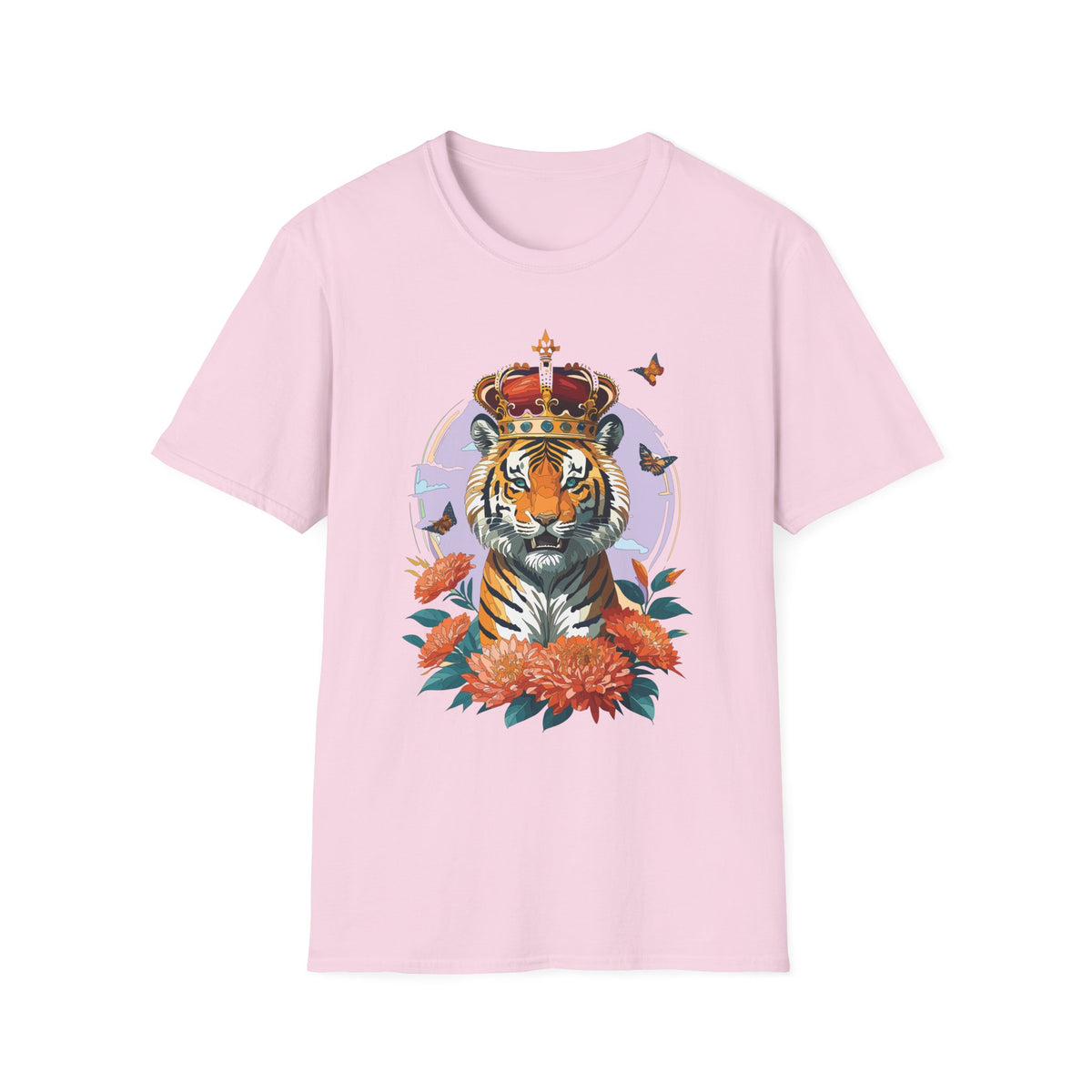 Tiger with Crown T-Shirt | Regal Tiger Artwork, Floral Accents - Unisex 100 Cotton Gildan 64000