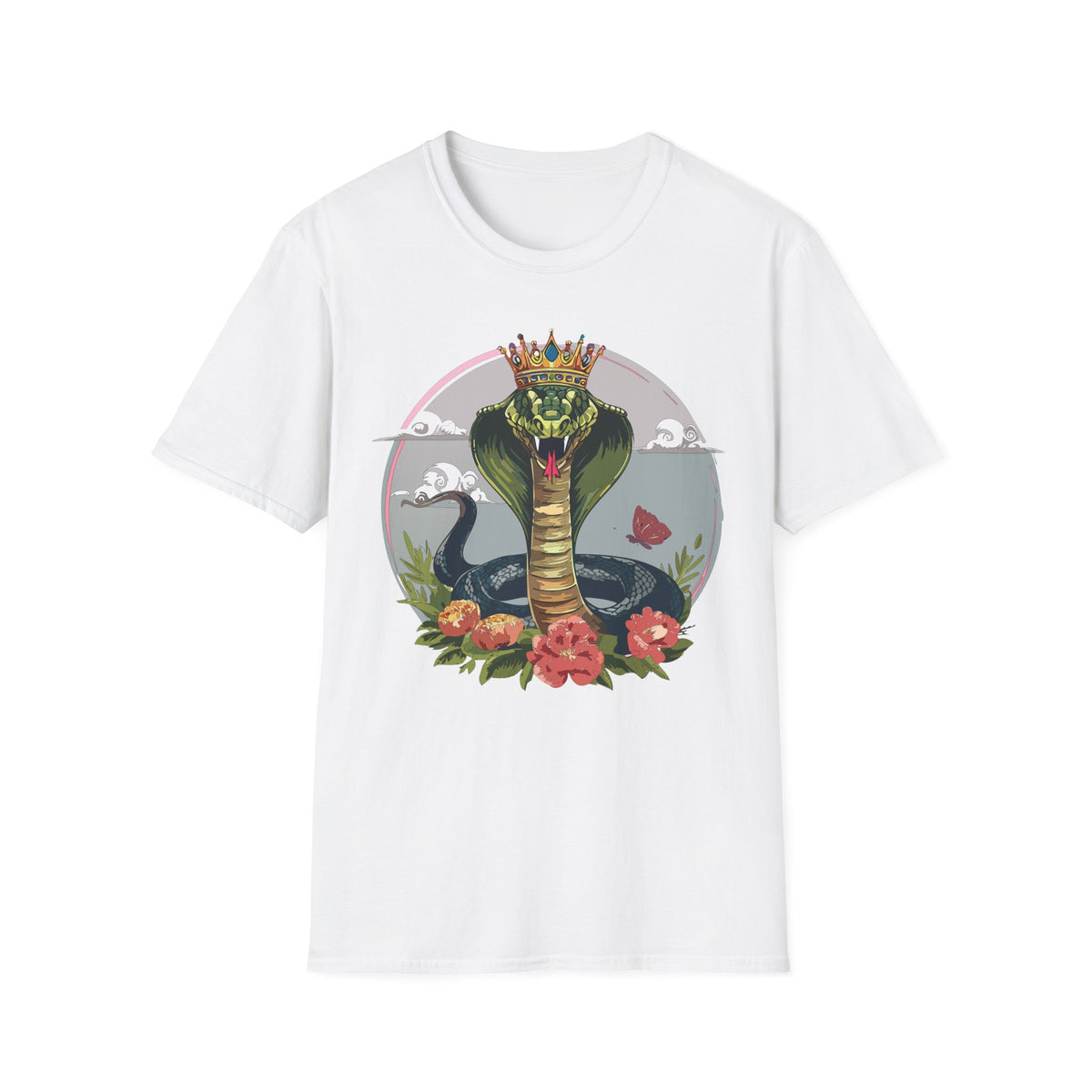 Crowned King Cobra T-Shirt | Snake Illustration, Floral Accent