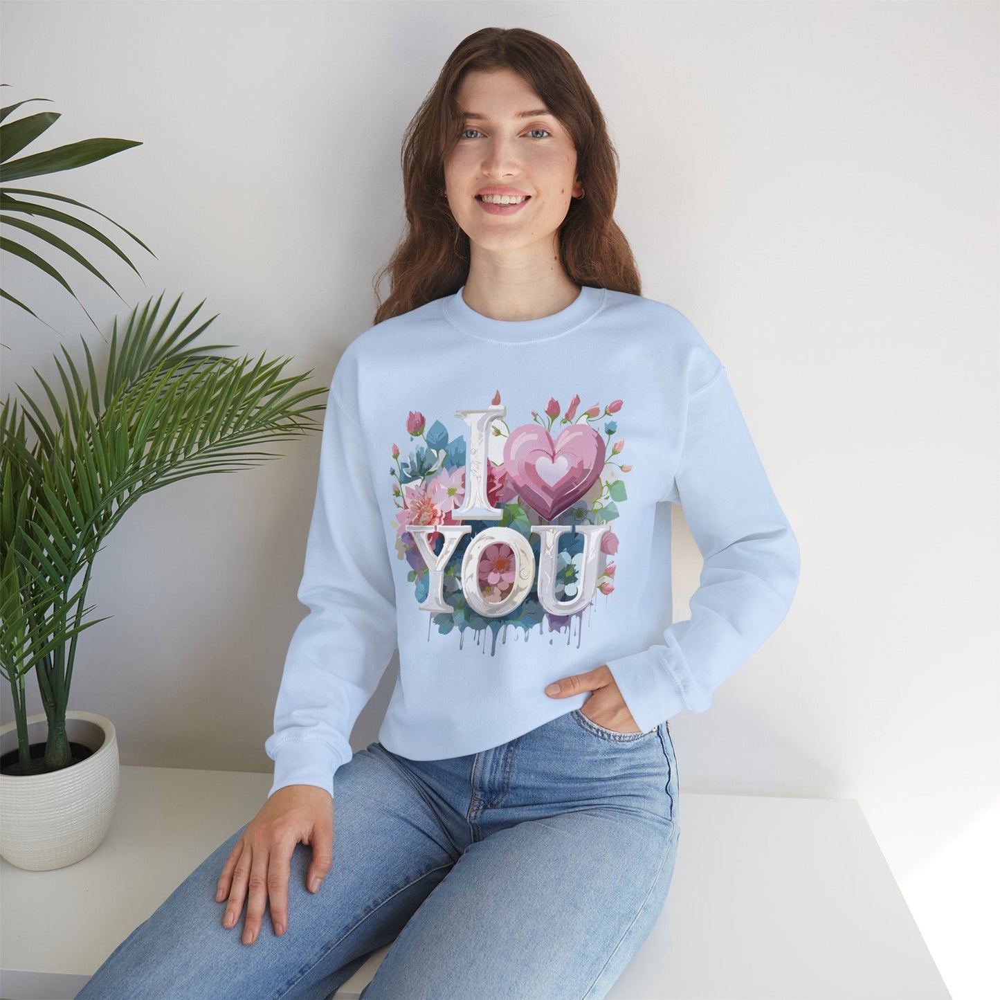 Floral Love Sweatshirt Unisex Valentine Day Flower Print Crewneck Gildan 18000 Cozy