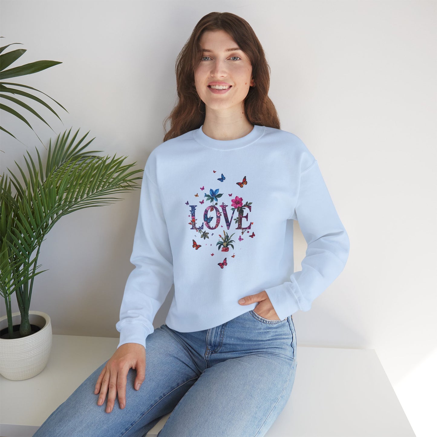 Unisex Floral Love Sweatshirt, Love Floral Sweatshirt, Floral Butterfly Sweatshirt, 50/50 Cotton-Poly Valentine's Day Sweatshirt 03