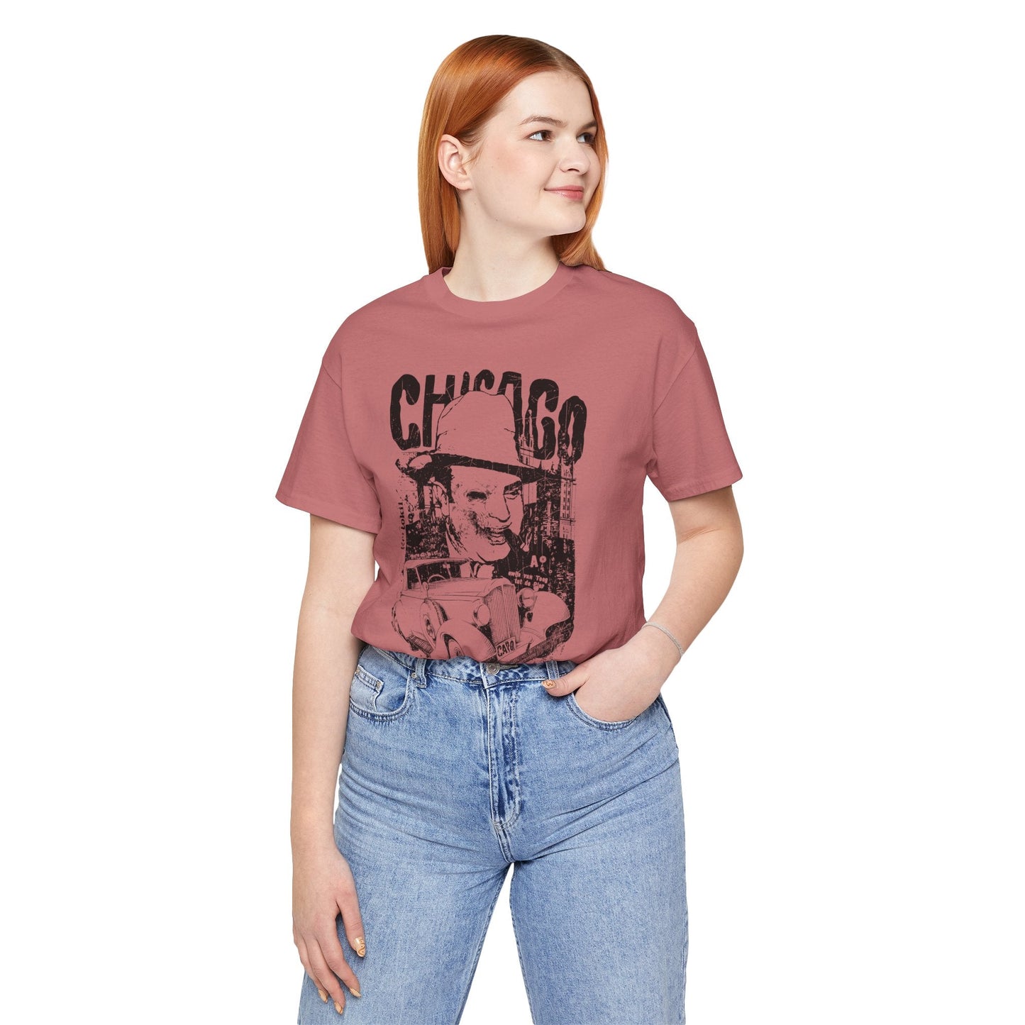 Chicago Retro Mobster Illustration Tee Vintage Car Cityscape Art Design T-Shirt A-8
