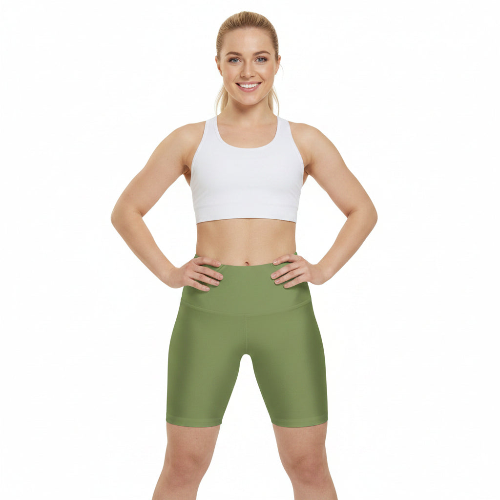 Palm Leaf Green Olive High-Waist Women's Workout Shorts — Comfortable Athletic Bike Shorts