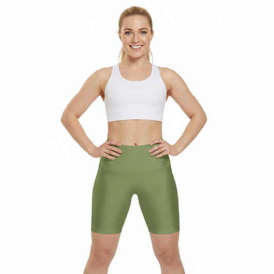Palm Leaf Green Olive High-Waist Women's Workout Shorts — Comfortable Athletic Bike Shorts