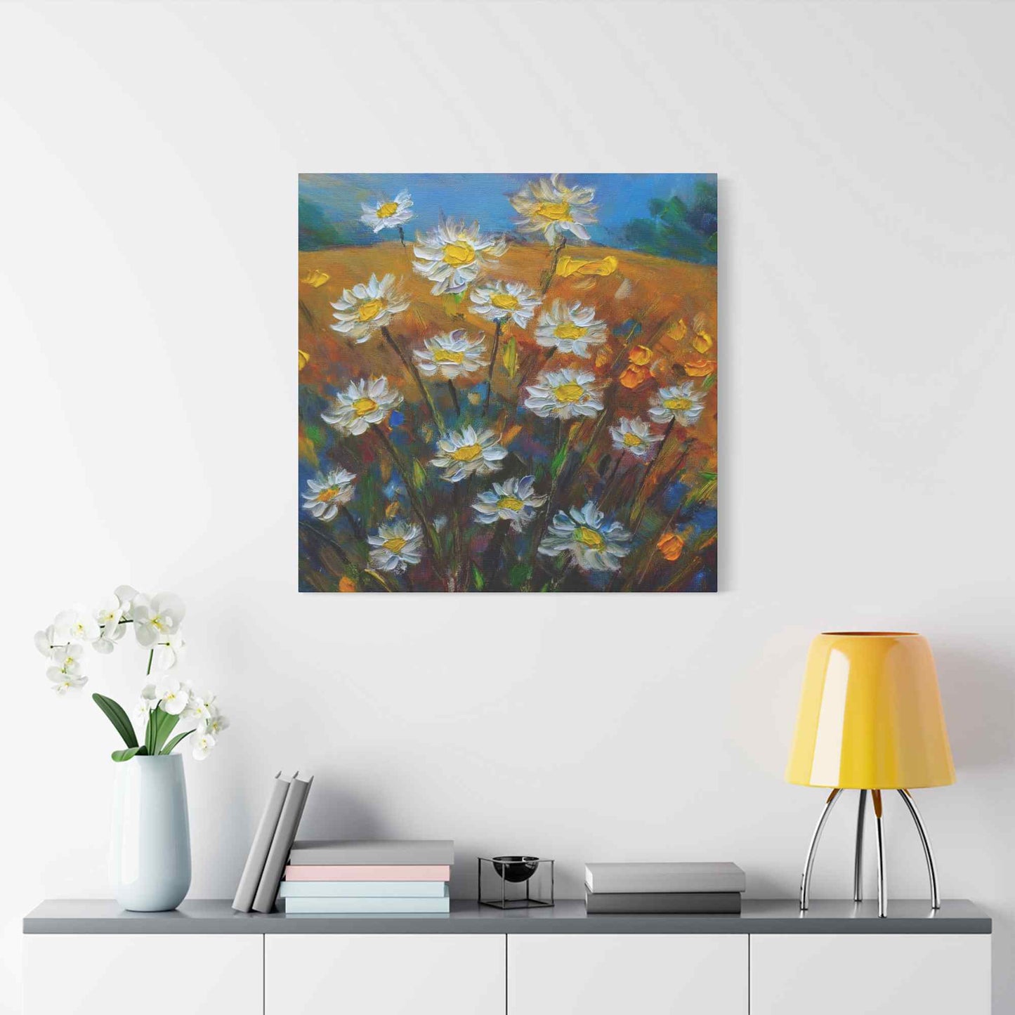White Daisies Print Canvas, Floral Oil Paint Print 20x20, 24x24, 30x30, 32x32, 36x36 Art Design Pine-Wood Inner Frame MC-126