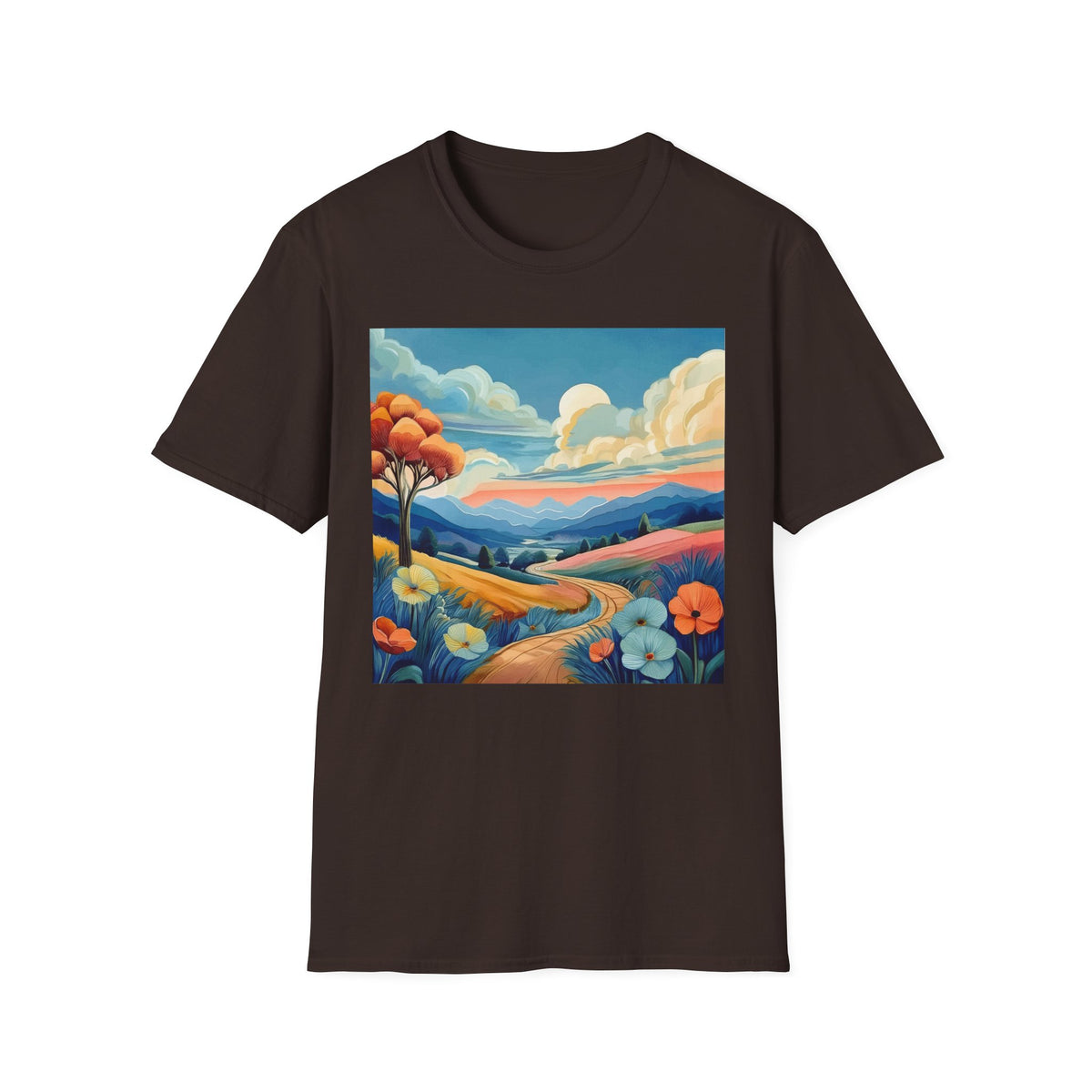 Colorful Mountain Landscape Graphic Posters, Post Stamps Design Unisex 100 Cotton Gildan T-Shirt