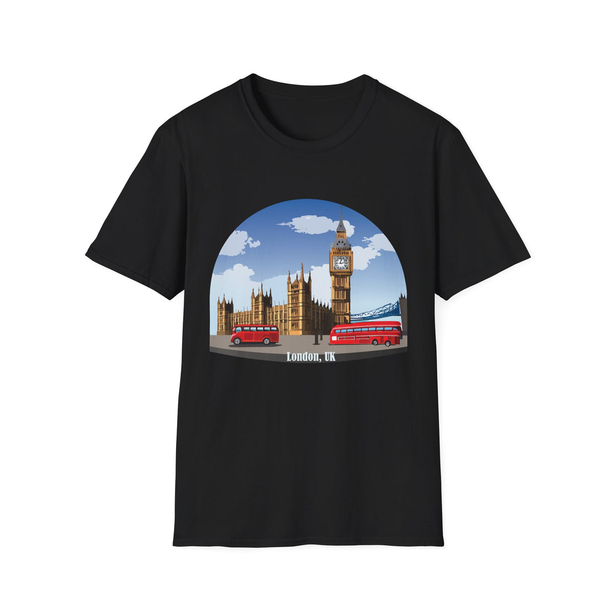 London Skyline Big Ben Illustration T-Shirt | Double Decker Bus, Bridge