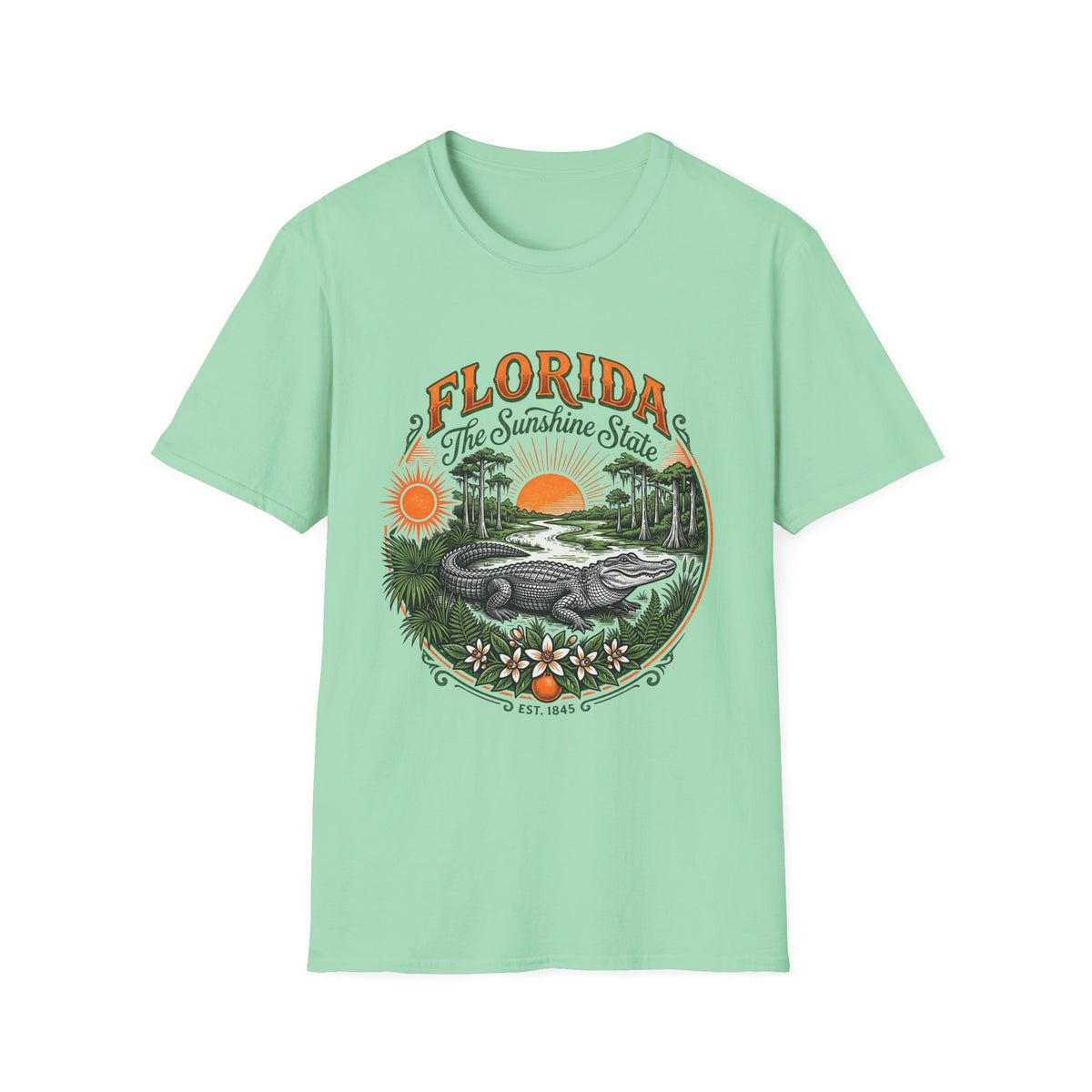 Florida The Sunshine State T-Shirt — Vintage Alligator Sunset Travel Tourist Graphic Design Unisex 100 Cotton Gildan T-Shirt