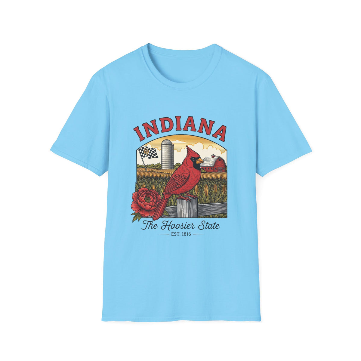 Indiana Cardinal Bird Tee — The Hoosier State Vintage Farm Design Travel Tourist Graphic Design Unisex 100 Cotton Gildan T-Shirt