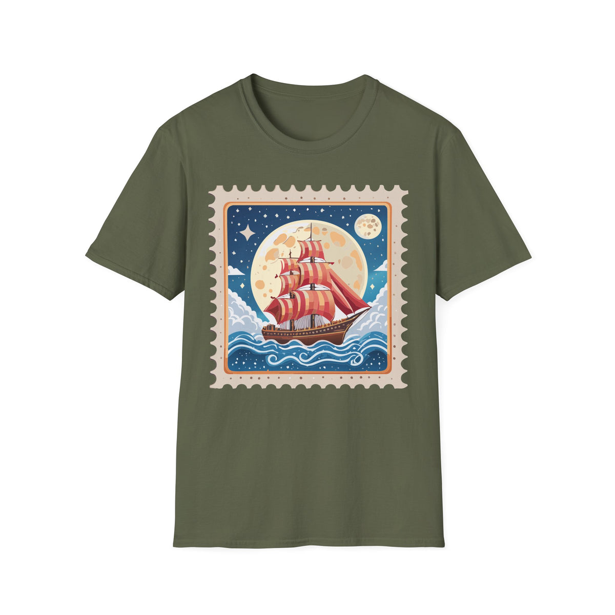 Red Sail Ship Moon Stamp T-Shirt | Nautical Vintage Illustration
