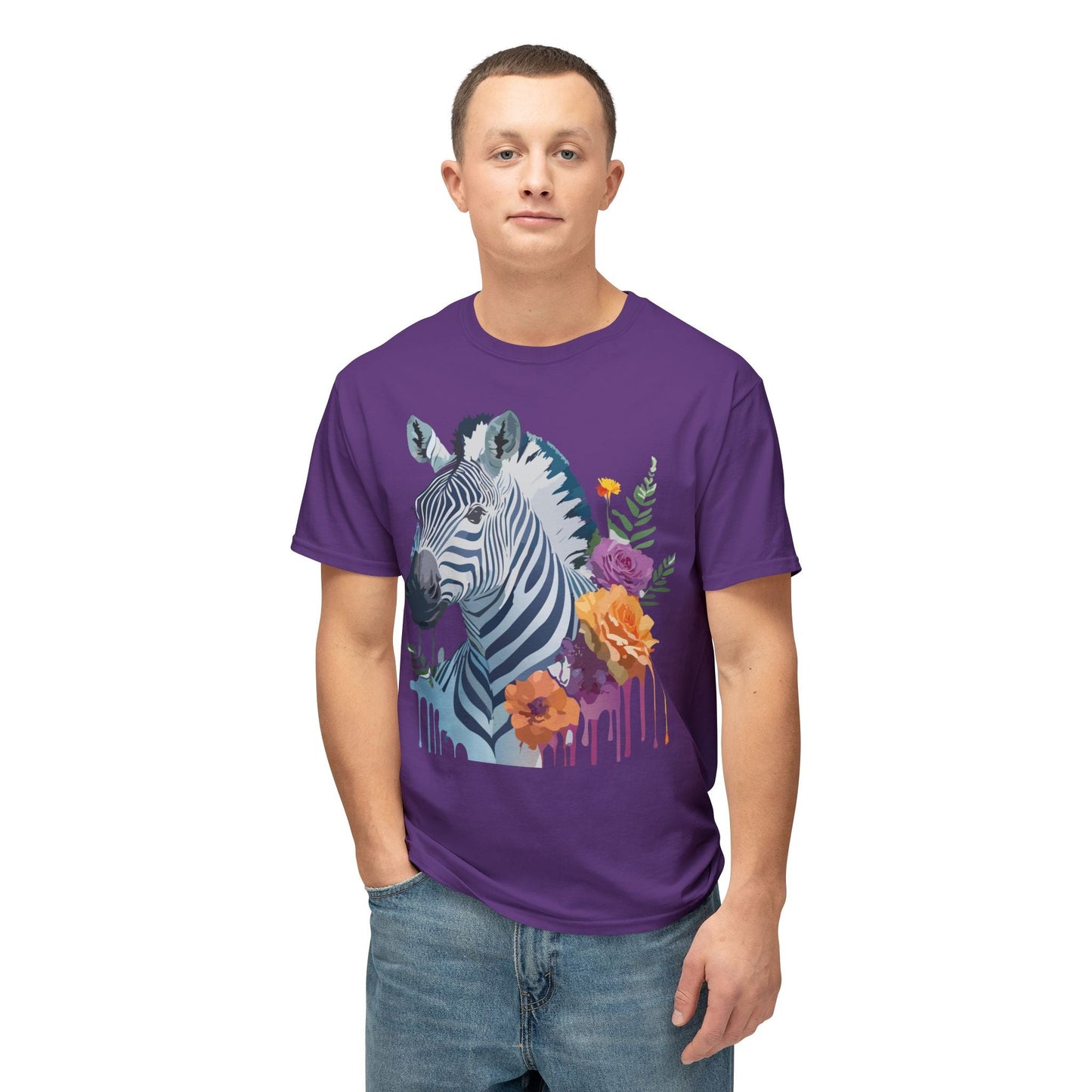 Unisex Zebra T Shirt With Floral Art Print Premium HD Cotton Jersey Tee Made In USA