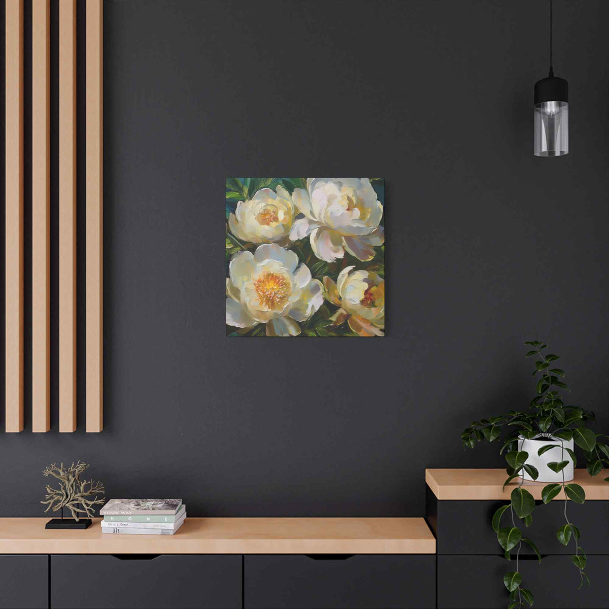 Cream Peonies Print Canvas, Floral Oil Paint Print 20x20, 24x24, 30x30, 32x32, 36x36 Art Design Pine-Wood Inner Frame MC-124