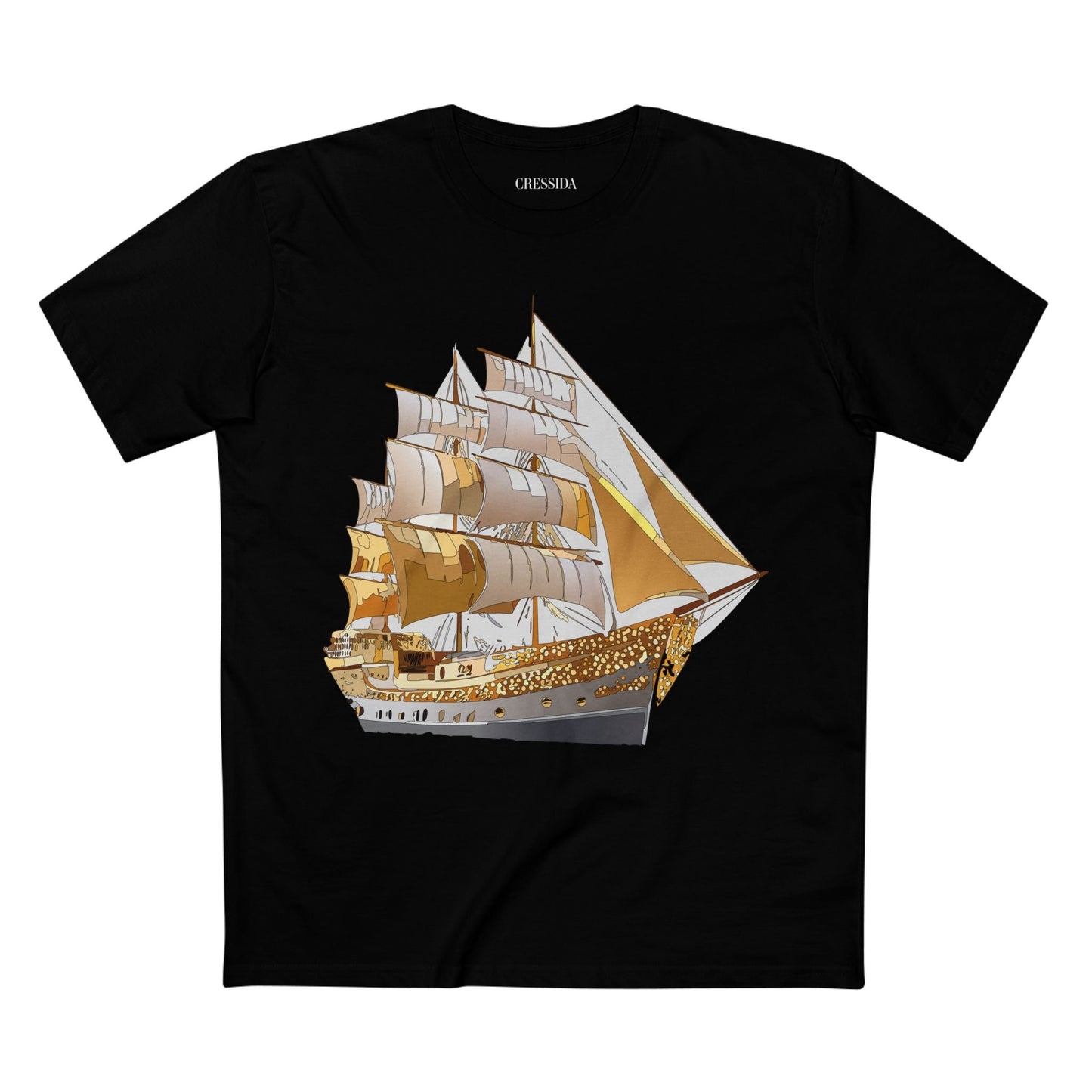 Ship Graphic Unisex 100 Cotton T-Shirt with Gold Frigate Art Design 21