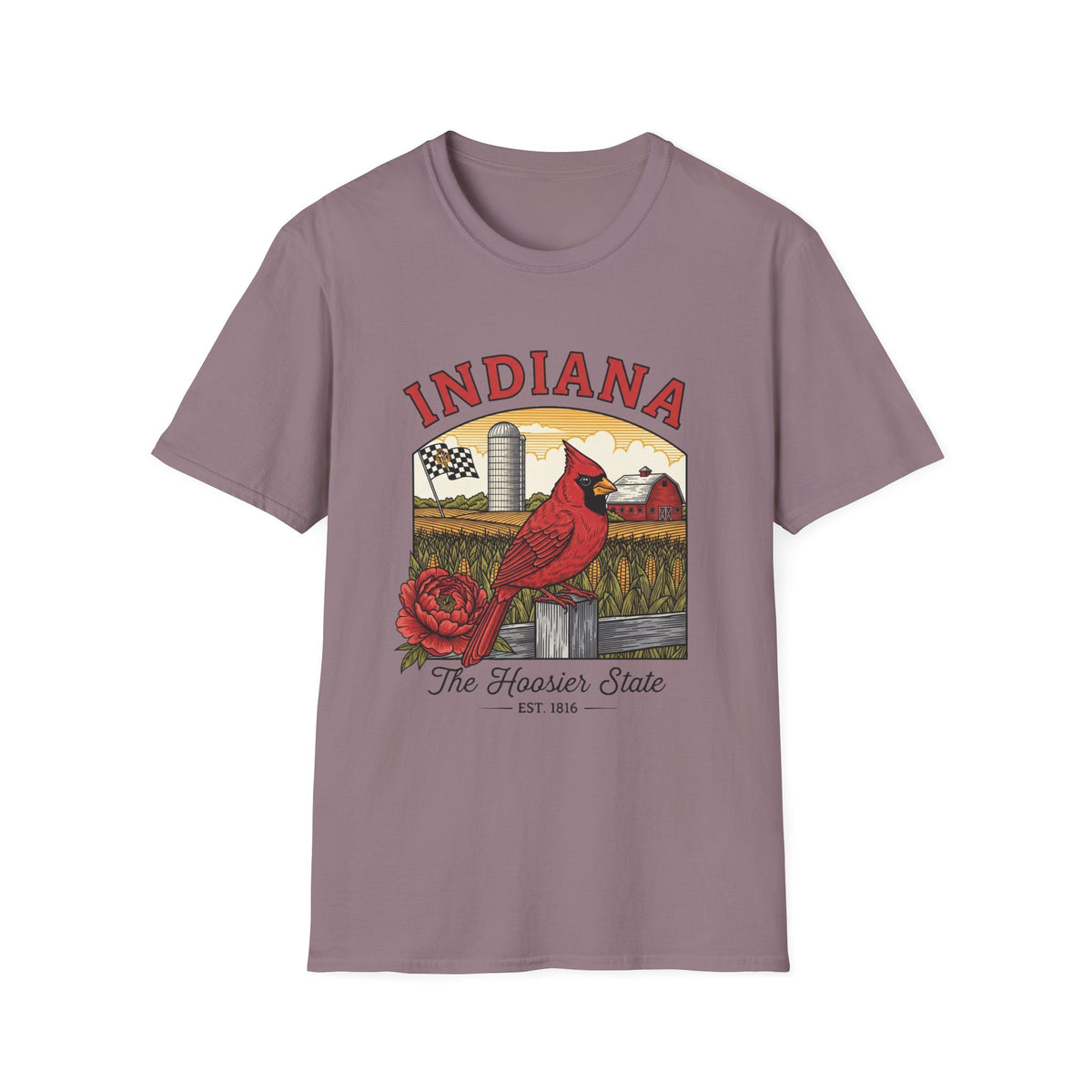 Indiana Cardinal Bird Tee — The Hoosier State Vintage Farm Design Travel Tourist Graphic Design Unisex 100 Cotton Gildan T-Shirt
