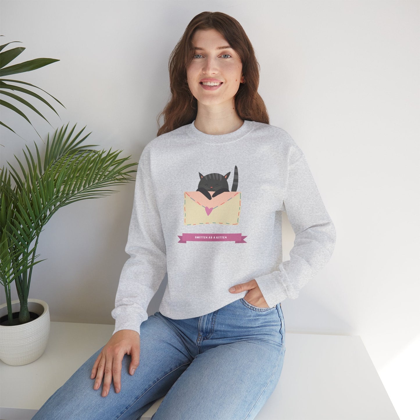 Cat Heart Sweatshirt Love For Cat Lovers Unisex Crewneck Fifty Fifty Cotton Poly Blend Gildan 18000