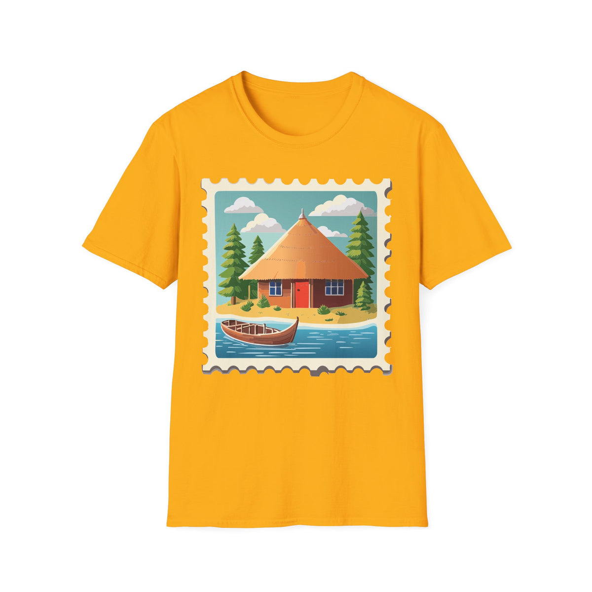 Cozy Lakeside Cottage Illustration T-Shirt | Retro Stamp Artwork