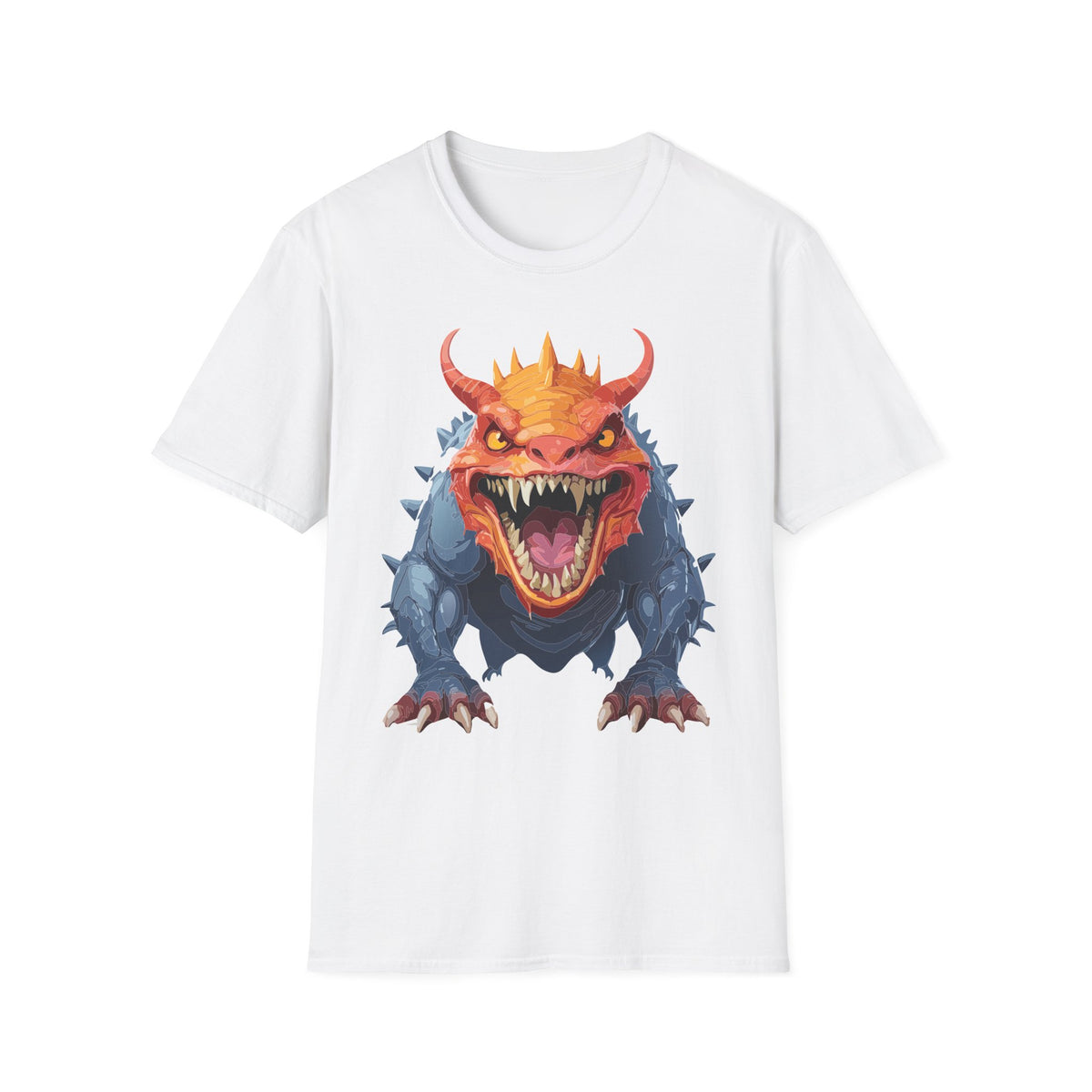 Dragon Monster T-Shirt — Fierce Orange & Blue Fantasy Creature Cartoon Graphic Tee Unisex 100 Cotton Gildan T-Shirt