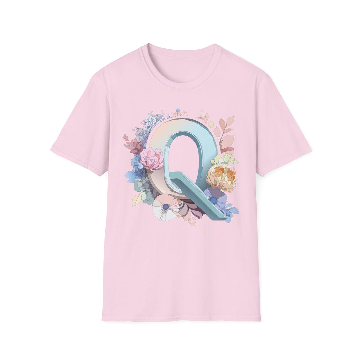 Floral Letter Q T-Shirt | Monogram Initial Tee, Pastel Botanical Alphabet