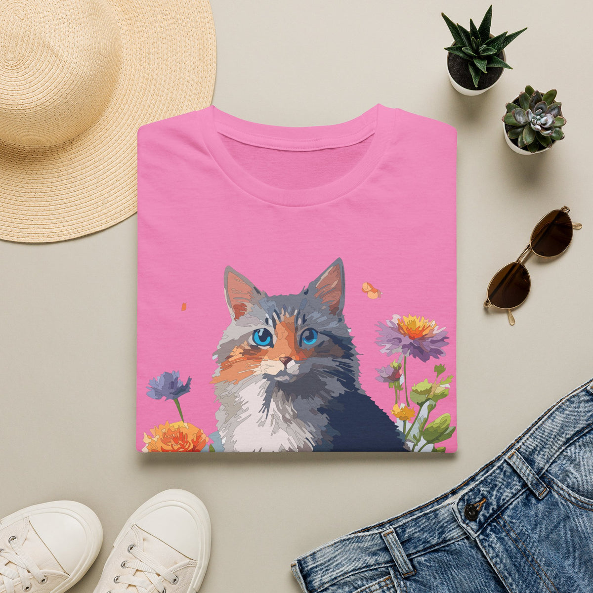 Calico Cat Portrait T-Shirt | Floral Kitten Illustration