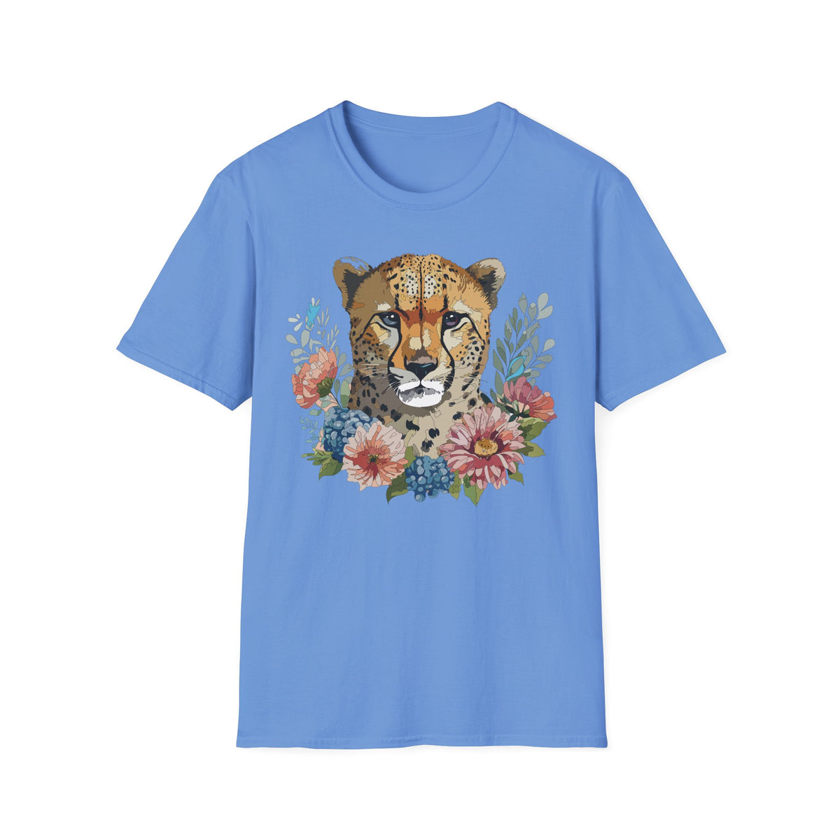 Floral Cheetah Face T-Shirt | Wild Cat Illustration, Botanical Accent