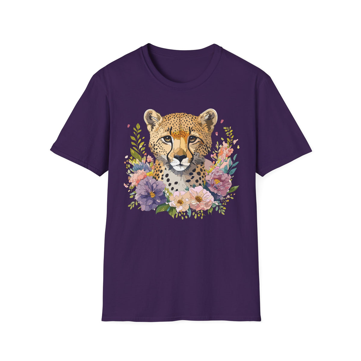 Floral Cheetah Face T-Shirt | Leopard Portrait Tee, Botanical Illustration