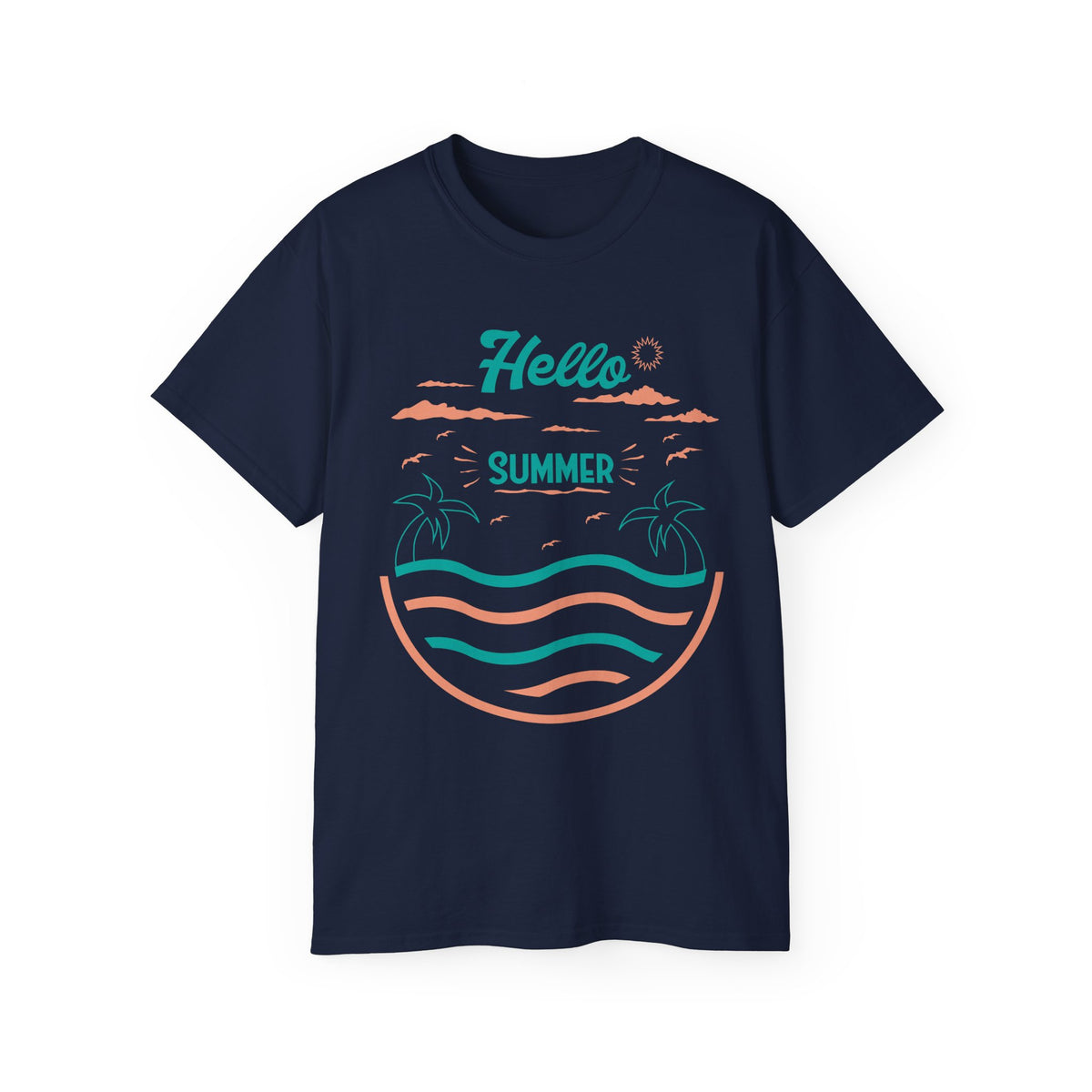 Hello Summer Beach Waves T-Shirt | Palm Tree Sunset Tee