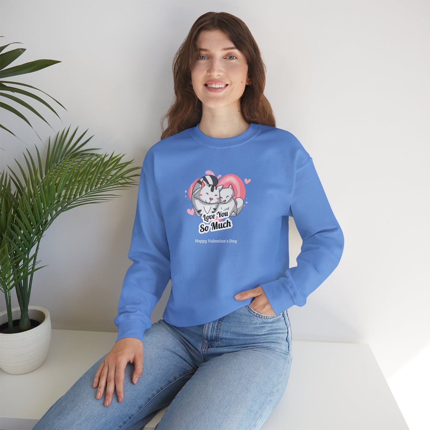 Cat Heart Sweatshirt Valentines Day Unisex 50 50 Cotton Poly Crewneck Gildan 18000