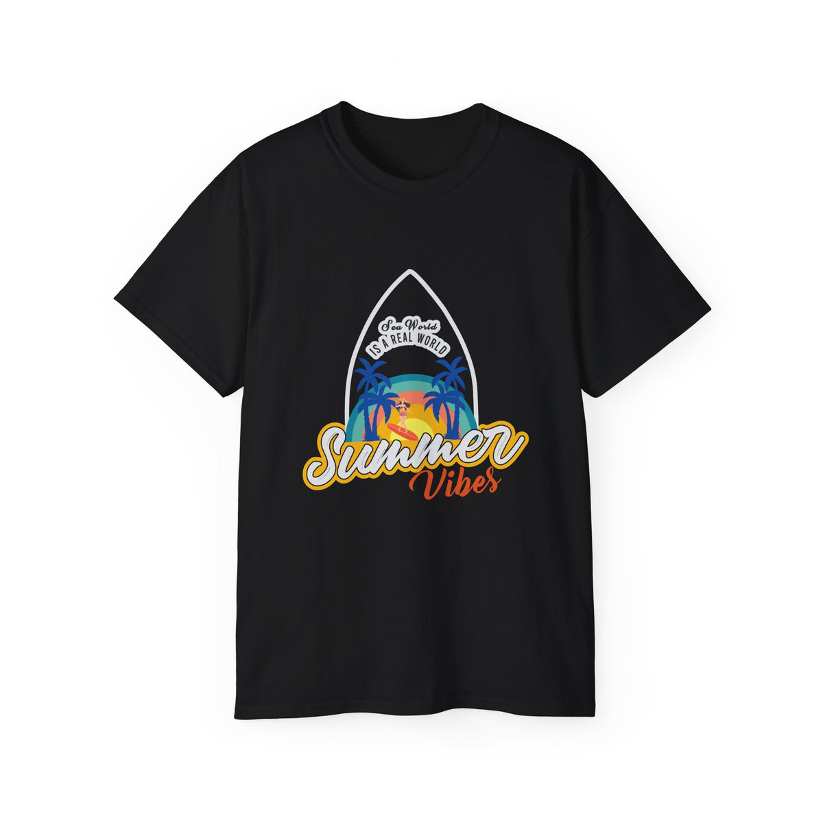 Summer Vibes Surf Graphic Tee | Tropical Sunset Palm Beach Design