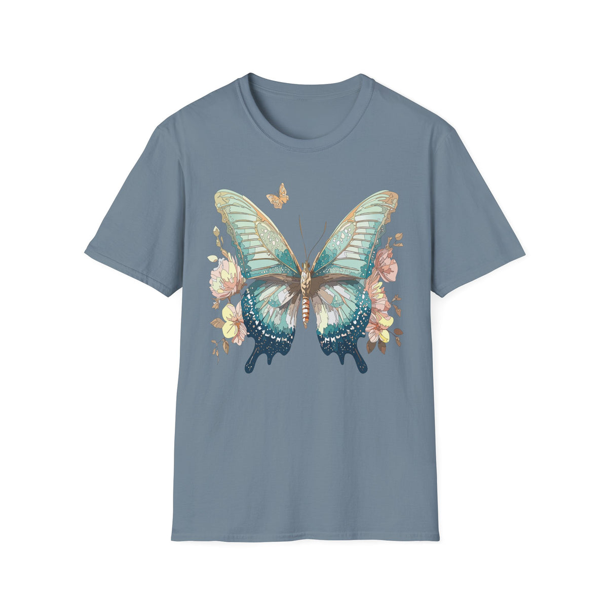 Teal Watercolor Butterfly T-Shirt | Floral Accent, Boho Nature Graphic Tee Unisex 100 Cotton Gildan T-Shirt