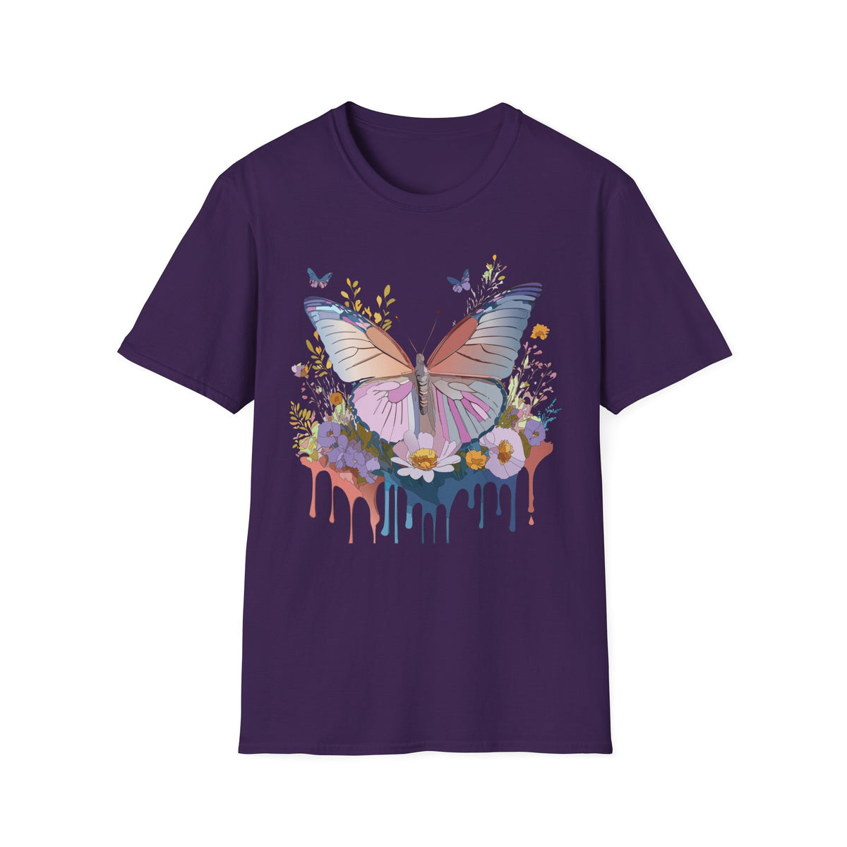 Butterfly Floral T-Shirt — Pastel Watercolor Wings with Drip Art Graphic Tee Unisex 100 Cotton Gildan T-Shirt