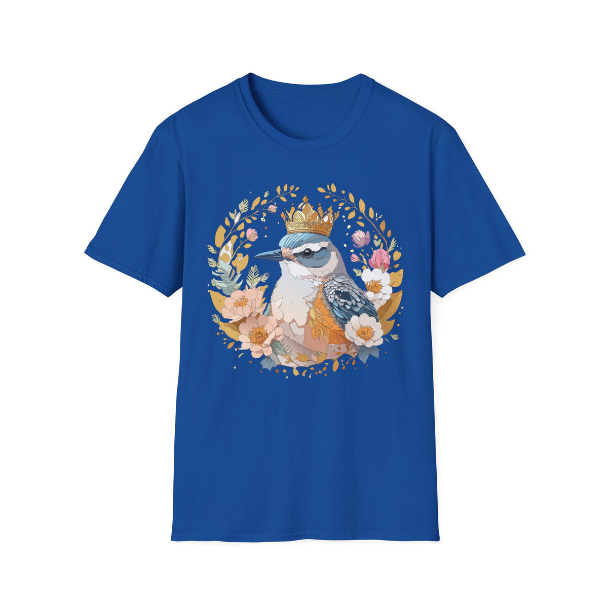 Crowned Bluebird Floral Illustration T-Shirt | Whimsical Bird Art