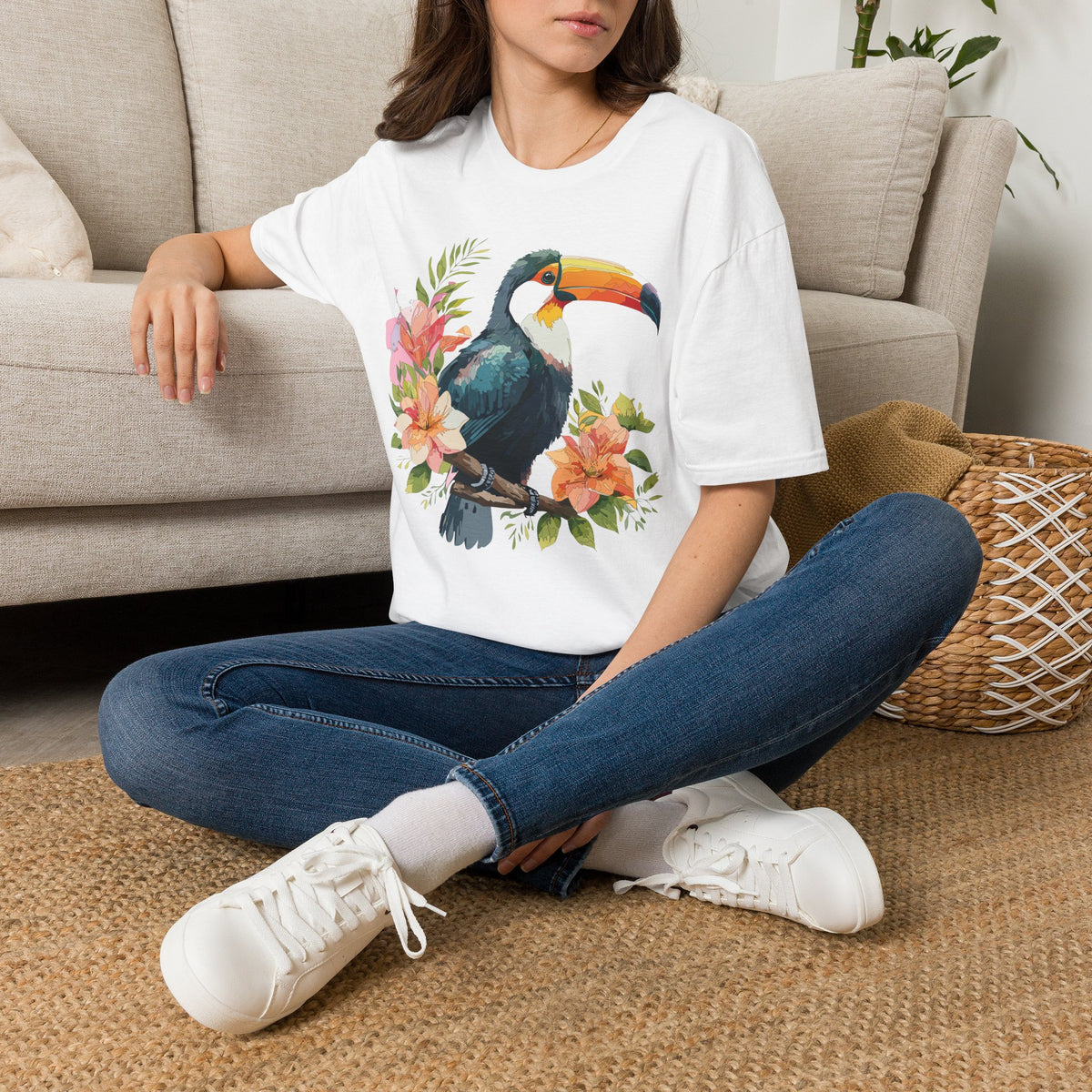 Tropical Toucan Illustration T-Shirt | Floral Bird Graphic