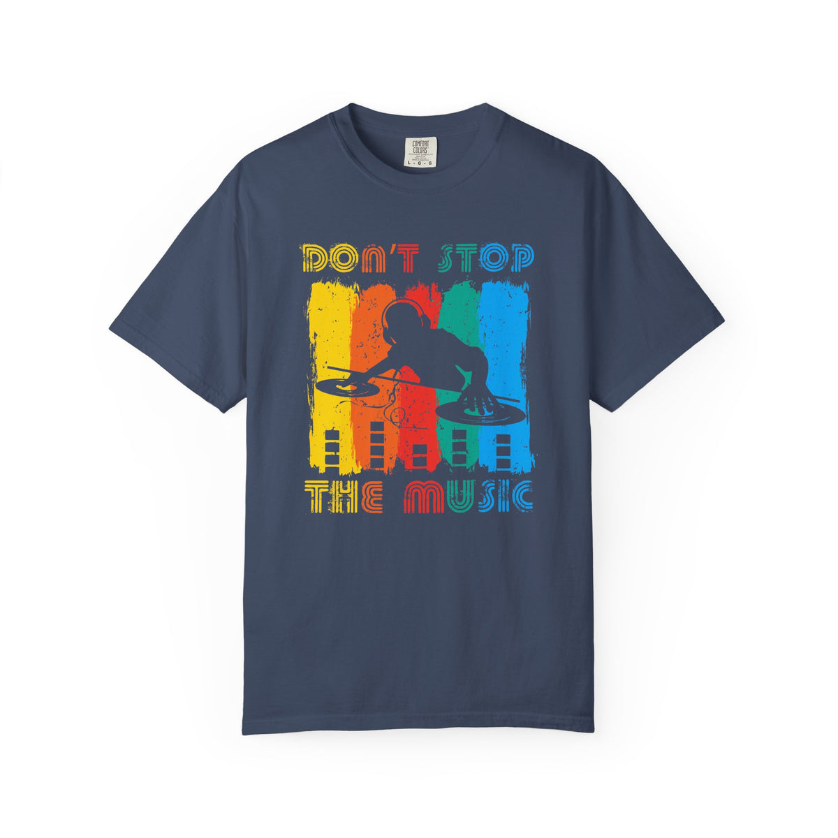 Don t Stop the Music DJ Silhouette T-Shirt Retro Rainbow Turntables Unisex Cotton Tee 014